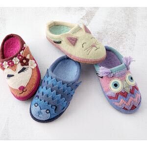 Garnet Hill Kids 2Y Owl Boiled Wool Mules Slippers Pink Purple Blue